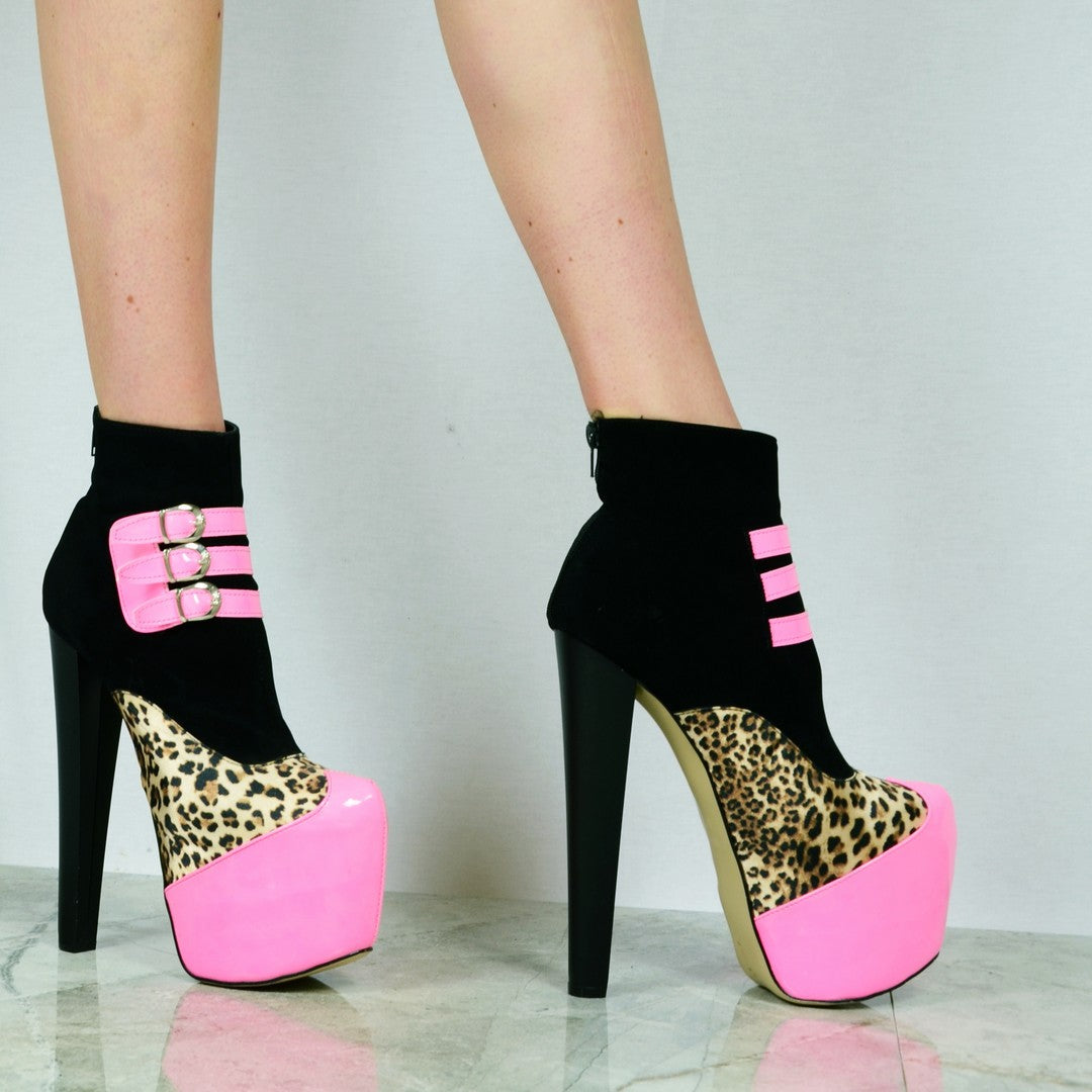 Fuschia Black Leopard High Heel Platform Ankle Boots - Tajna Club