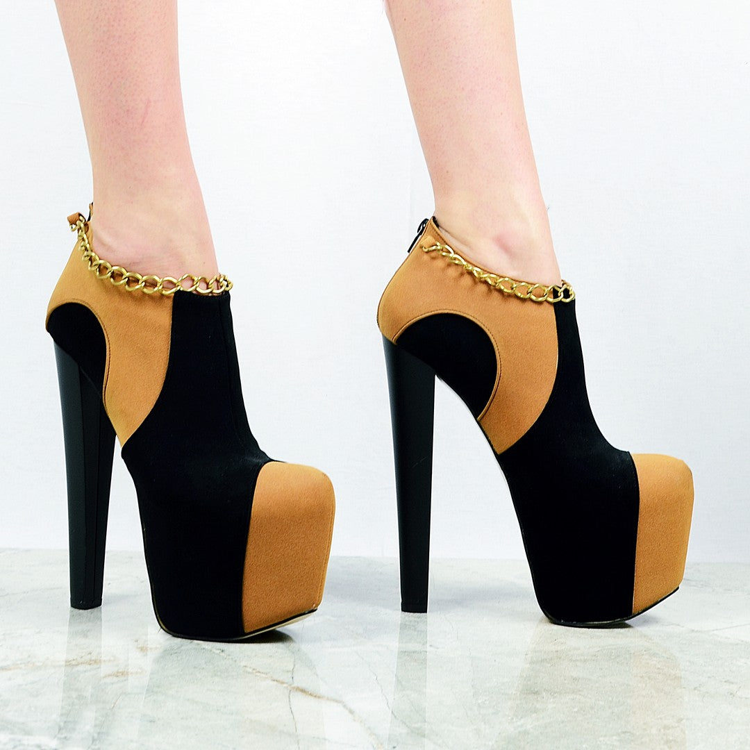 Camel Black Chain Ankle Platform Heels - Tajna Club