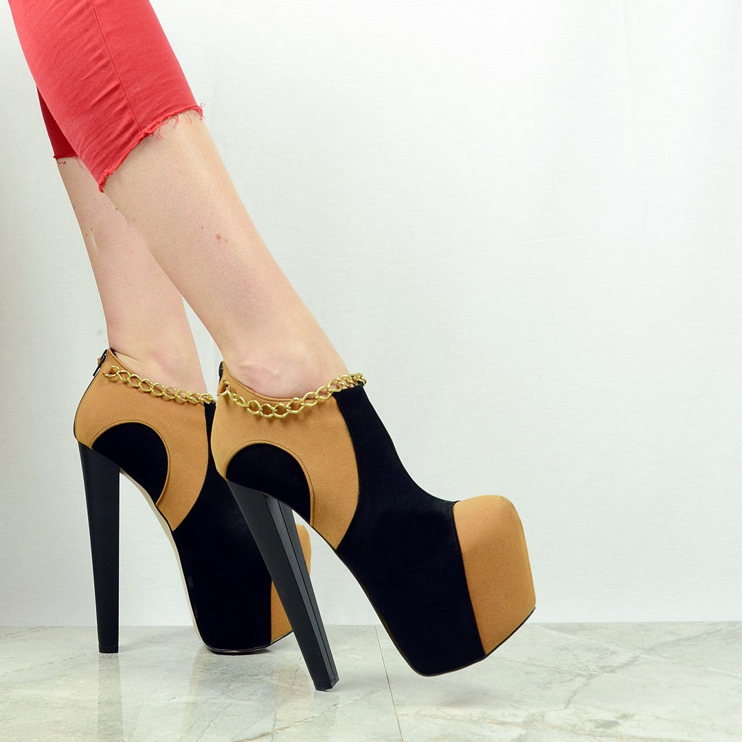 Camel Black Chain Ankle Platform Heels - Tajna Club