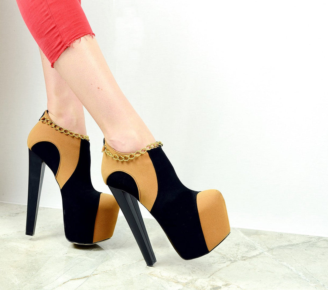 Camel Black Chain Ankle Platform Heels - Tajna Club