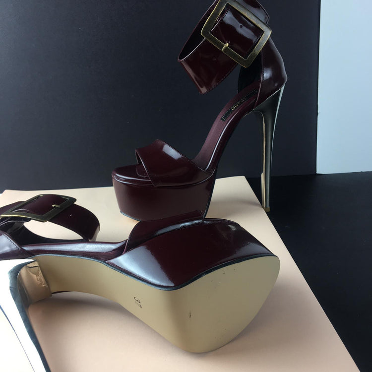 Burgundy Patent Big Belted Platforms - Tajna Club