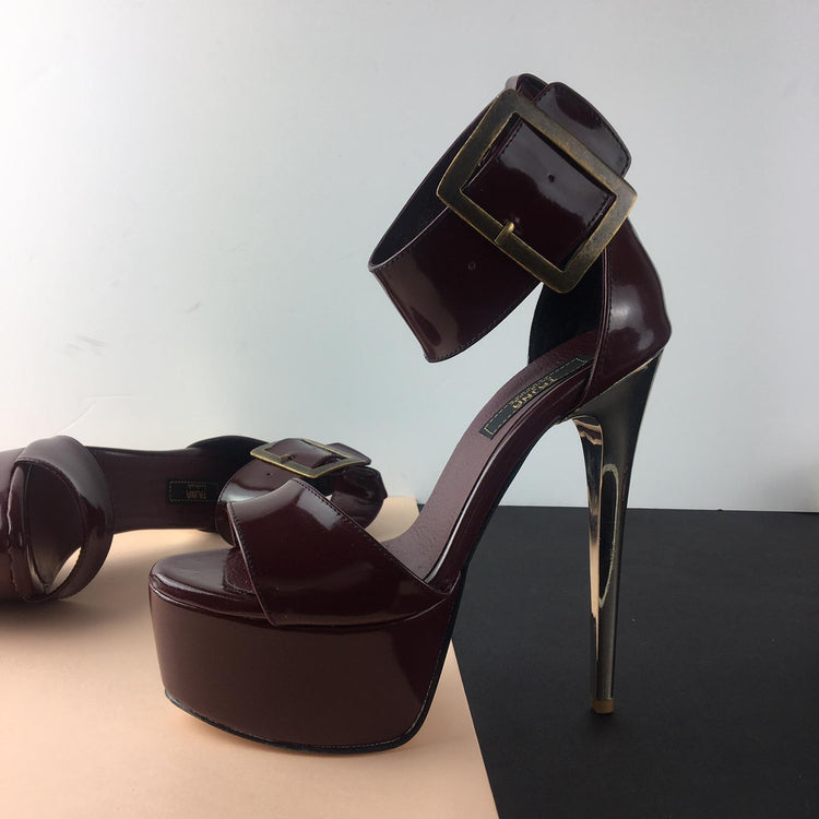 Burgundy Patent Big Belted Platforms - Tajna Club