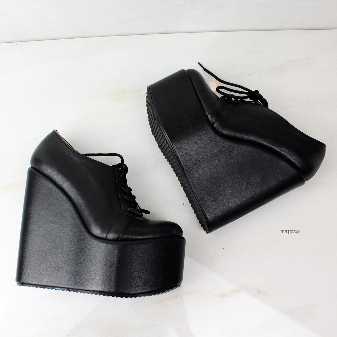 Genuine Leather Black Wedges Lace Up Platforms - Tajna Club