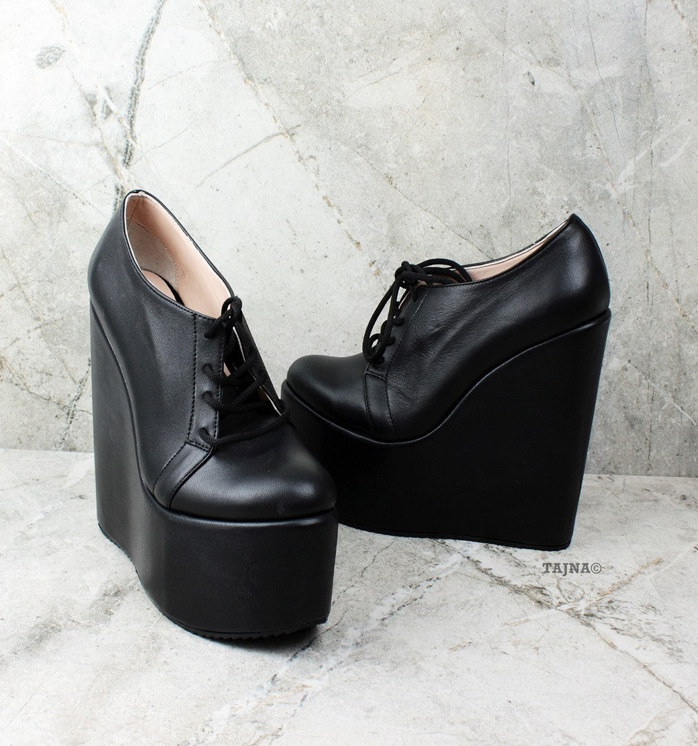 Genuine Leather Black Wedges Lace Up Platforms - Tajna Club