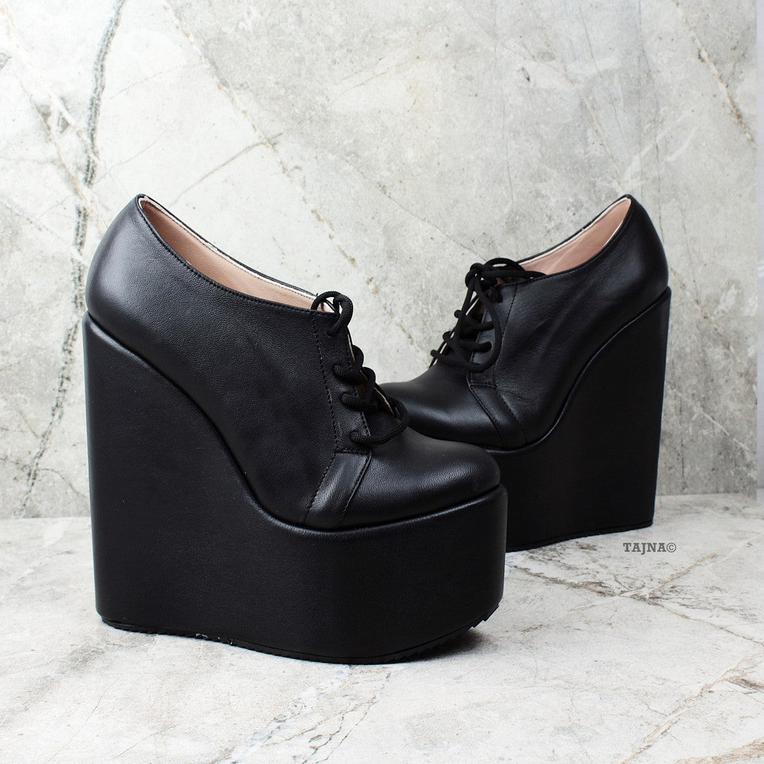 Genuine Leather Black Wedges Lace Up Platforms - Tajna Club
