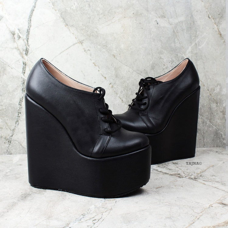 Genuine Leather Black Wedges Lace Up Platforms - Tajna Club