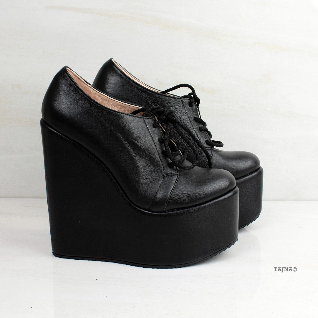 Genuine Leather Black Wedges Lace Up Platforms - Tajna Club