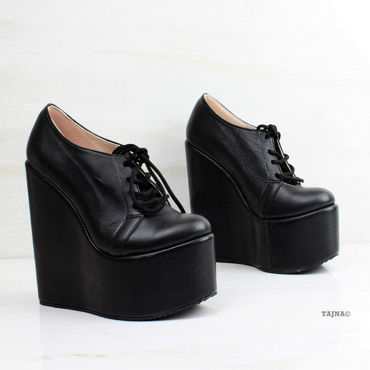 Genuine Leather Black Wedges Lace Up Platforms - Tajna Club