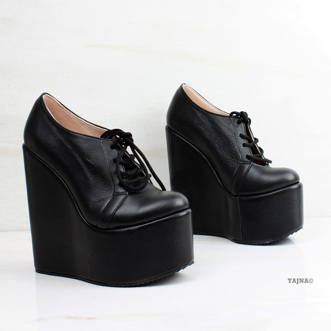 black wedge heel dress shoes Genuine Leather Black Wedges Lace Up Platforms