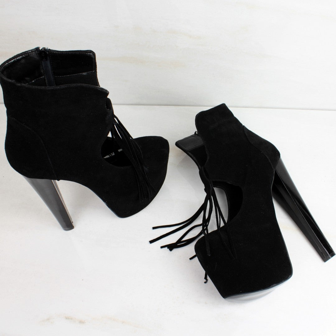 Black Fringe Ankle Platform Booties - Tajna Club