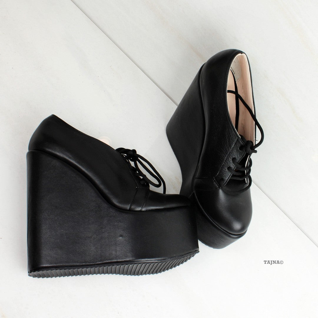 Genuine Leather Black Wedges Lace Up Platforms - Tajna Club