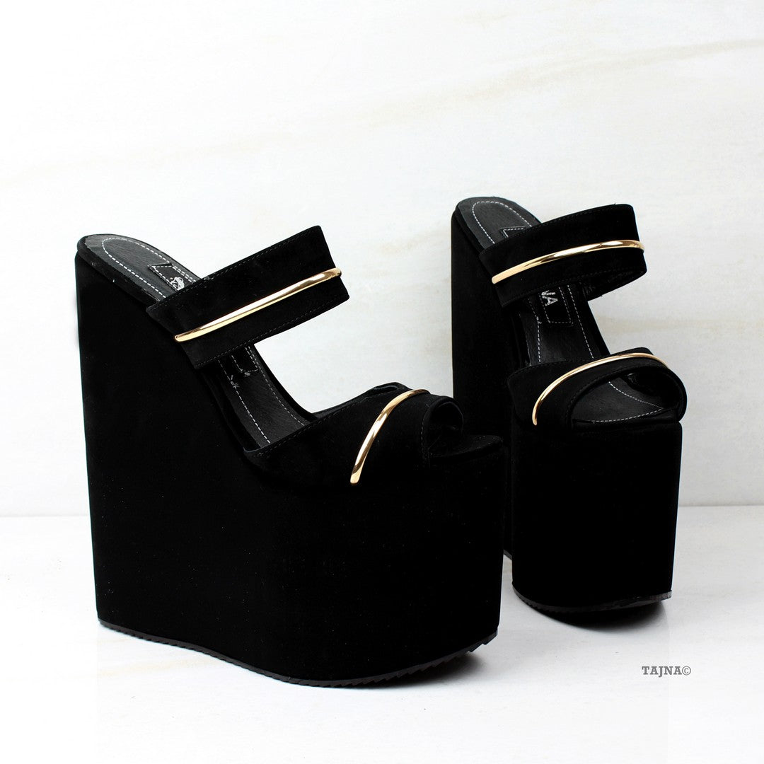 Black Suede Golden Ankle Wedge Mules - Tajna Club