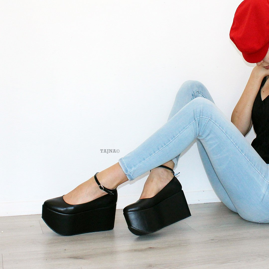 Ankle Strap Black Flat Wedge Platform Shoes - Tajna Club