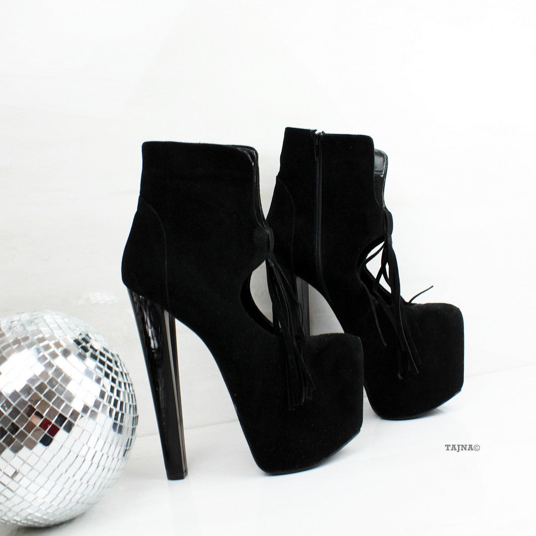 Black Fringe Ankle Platform Booties - Tajna Club