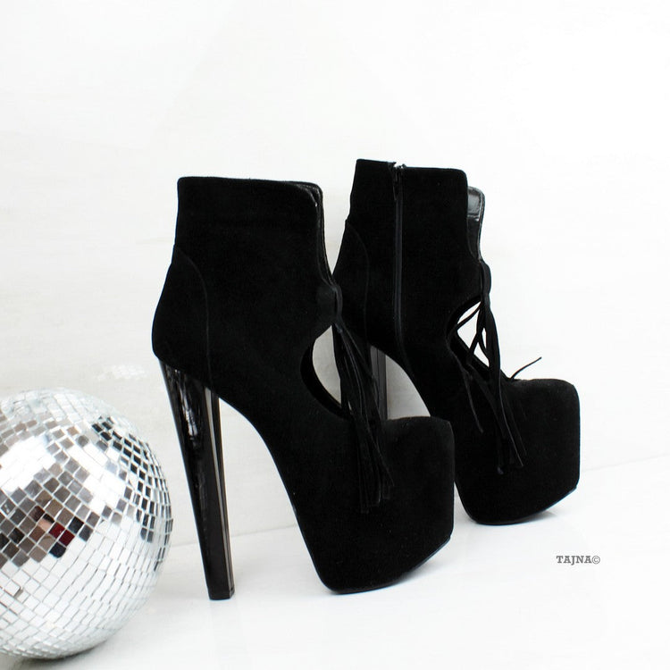 Black Fringe Ankle Platform Booties - Tajna Club