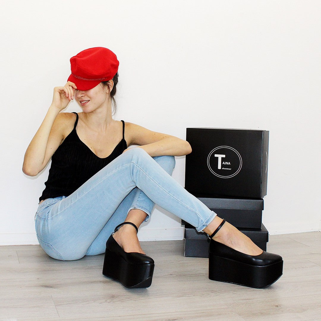Ankle Strap Black Flat Wedge Platform Shoes - Tajna Club