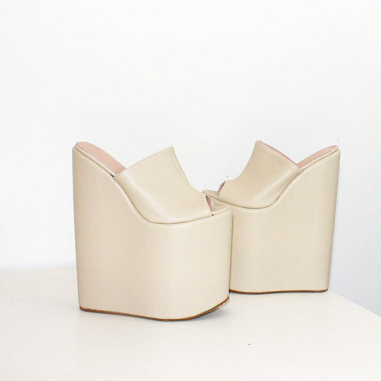 Cream Peep Toe 25 cm High Heel Wedge Platform Mules - Tajna Club