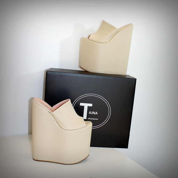 Cream Peep Toe 25 cm High Heel Wedge Platform Mules - Tajna Club