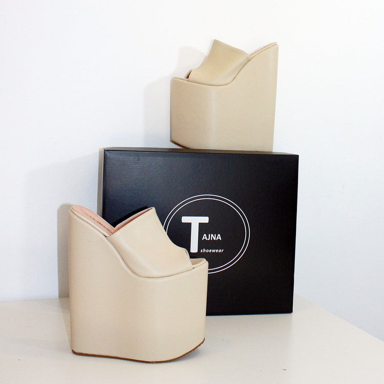 Cream Peep Toe 25 cm High Heel Wedge Platform Mules - Tajna Club