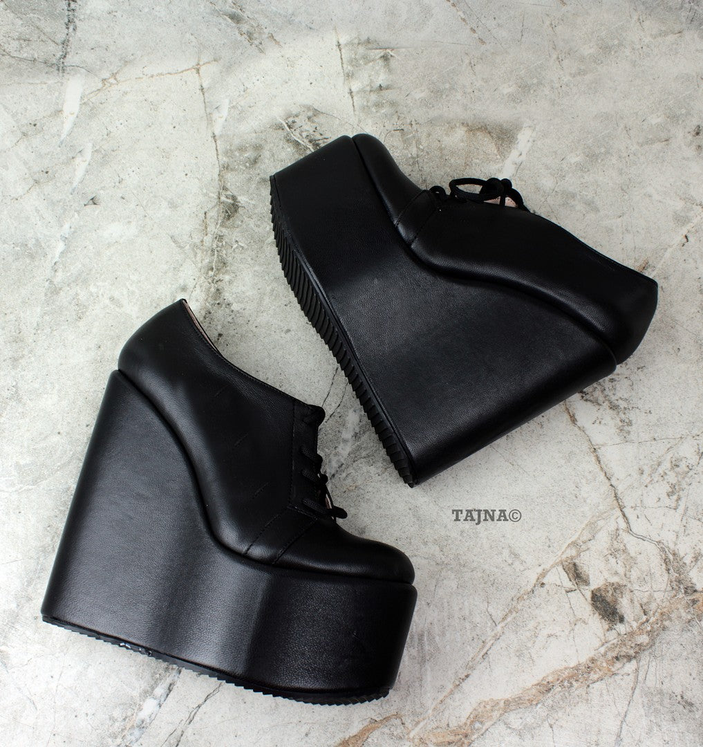 Genuine Leather Black Wedges Lace Up Platforms - Tajna Club