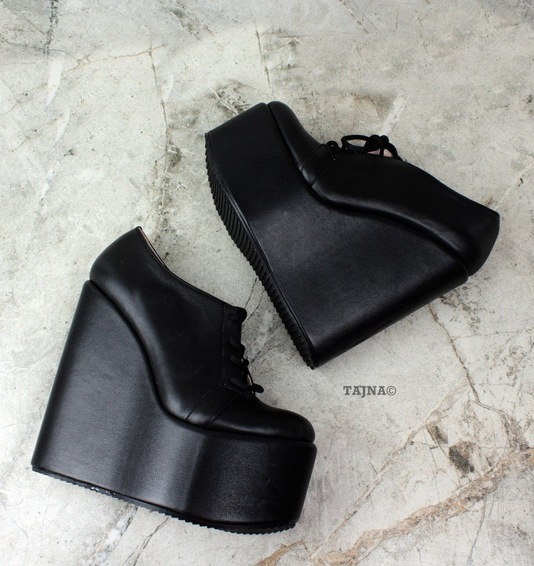 Genuine Leather Black Wedges Lace Up Platforms - Tajna Club
