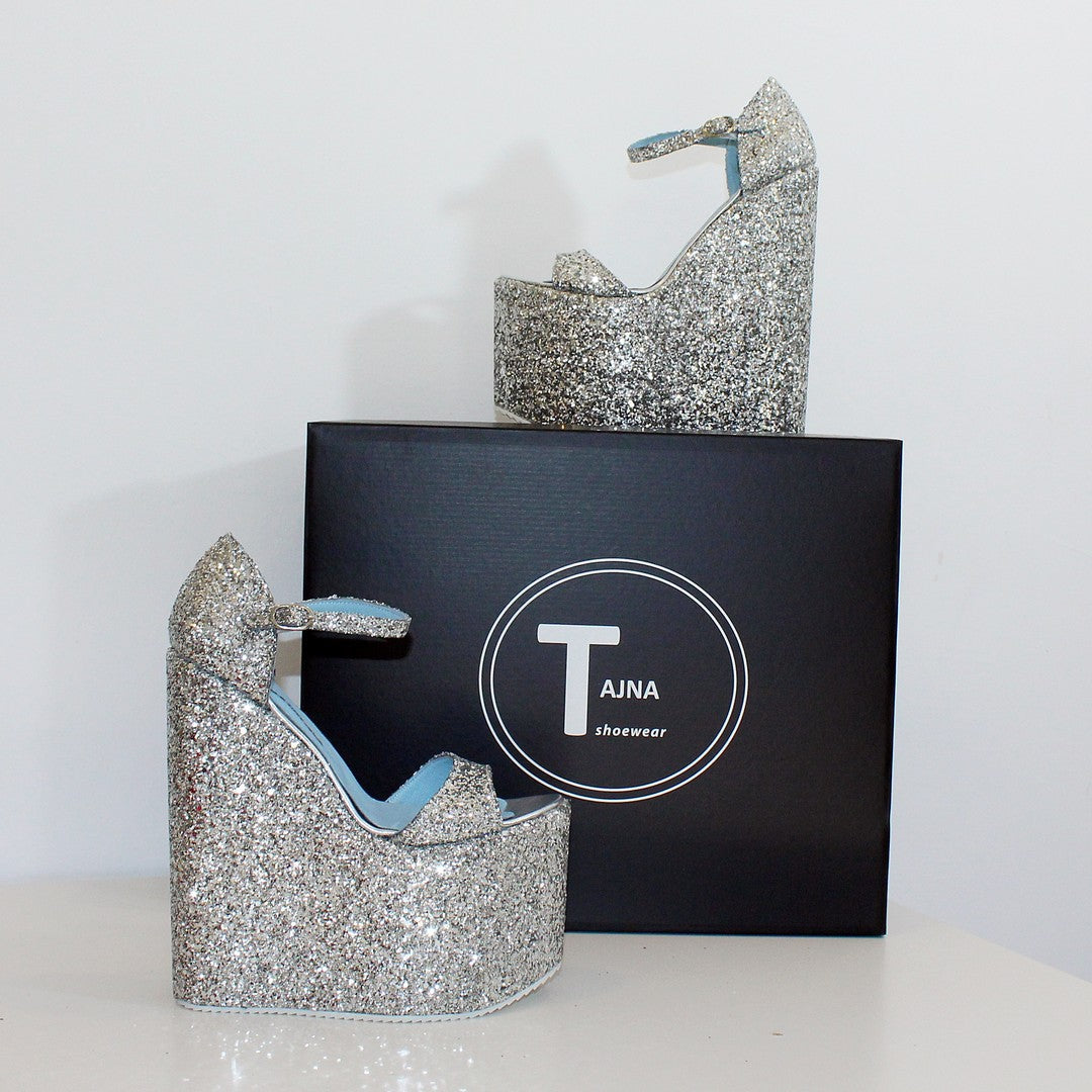 Silver Shimmer Platform Sandals High Heel Wedges - Tajna Club