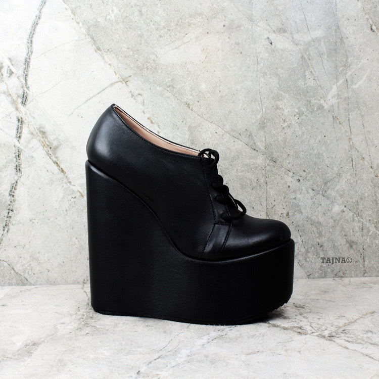 Genuine Leather Black Wedges Lace Up Platforms - Tajna Club