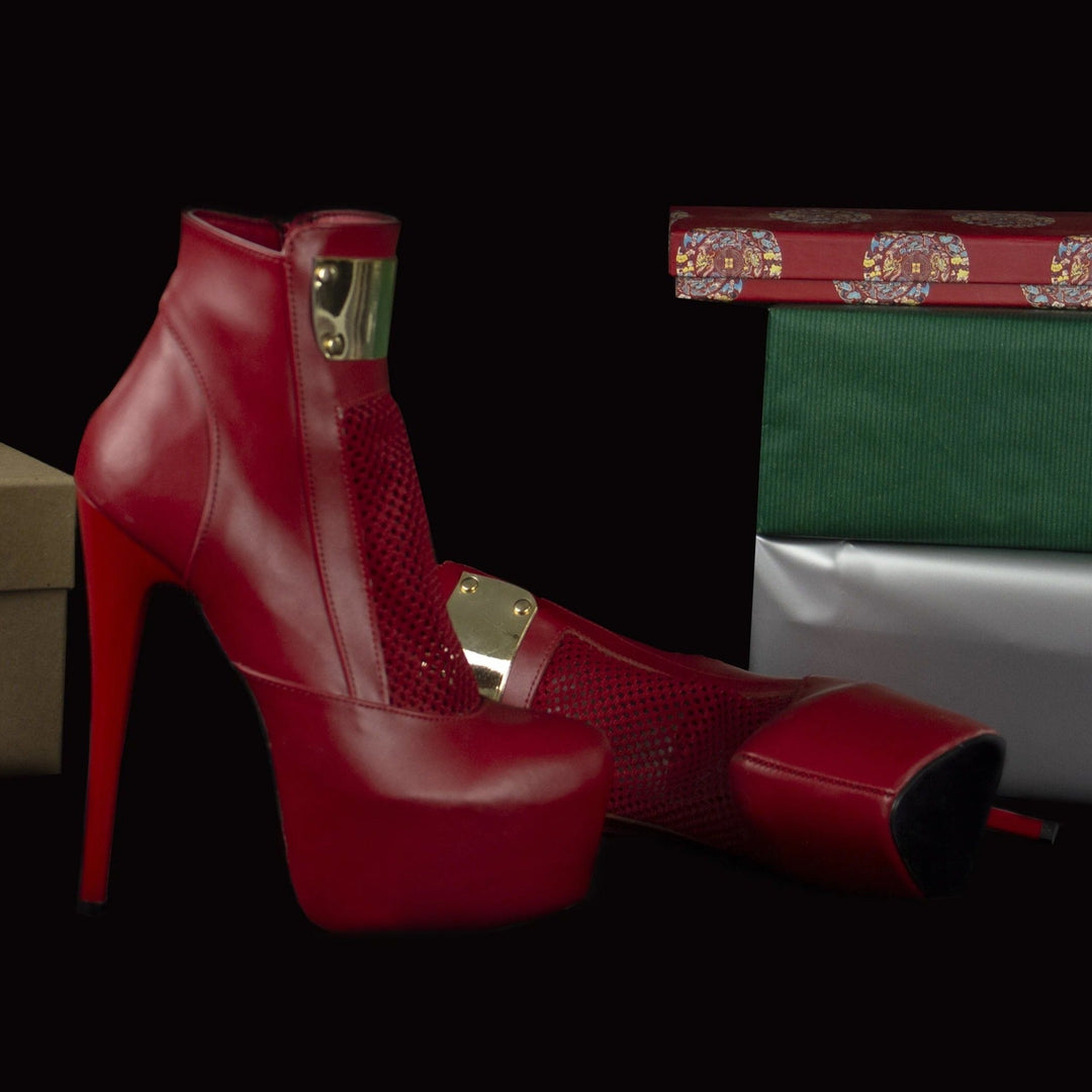 Red Golden Fishnet Ankle Booties - Tajna Club