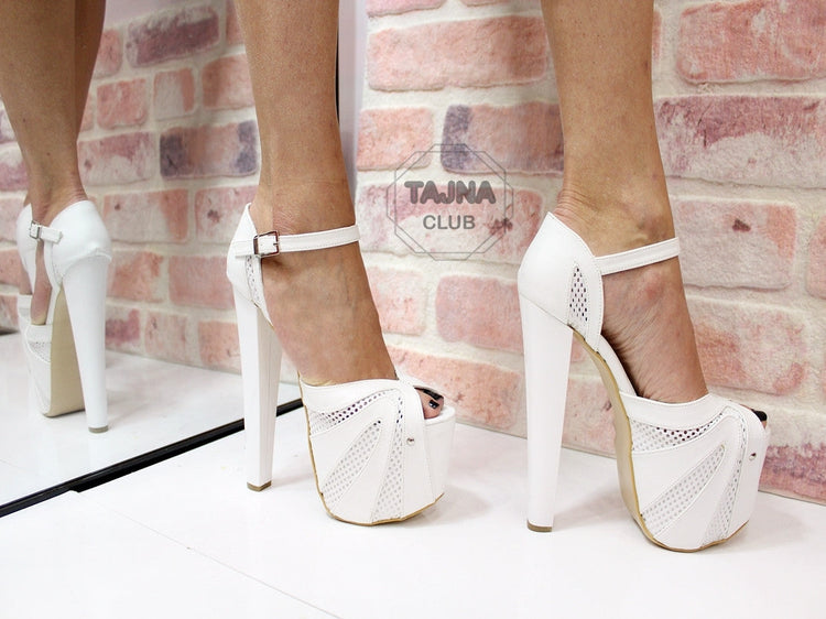 Ankle Strap White Net High Heel Platform Shoes - Tajna Club