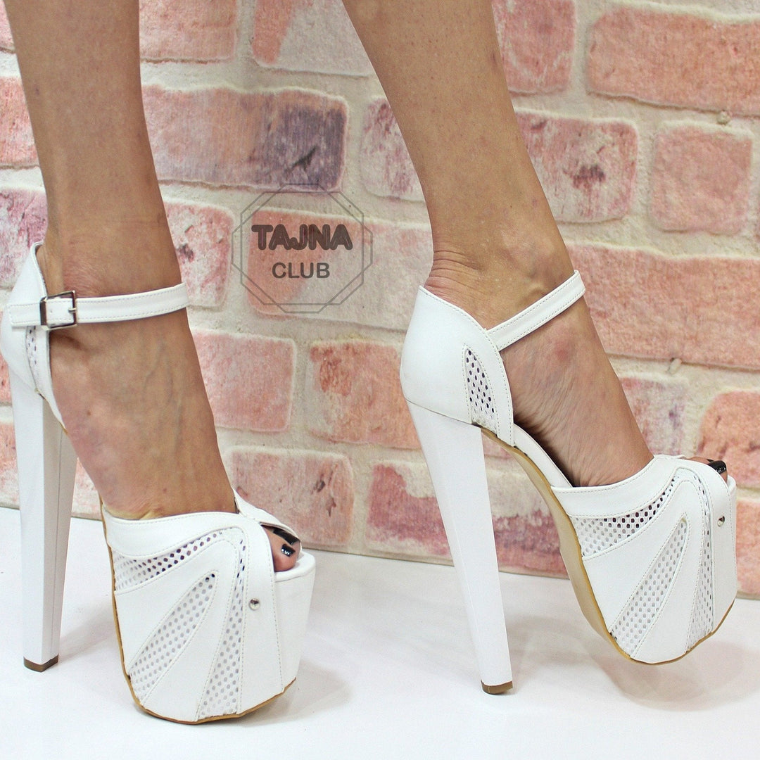 Ankle Strap White Net High Heel Platform Shoes - Tajna Club