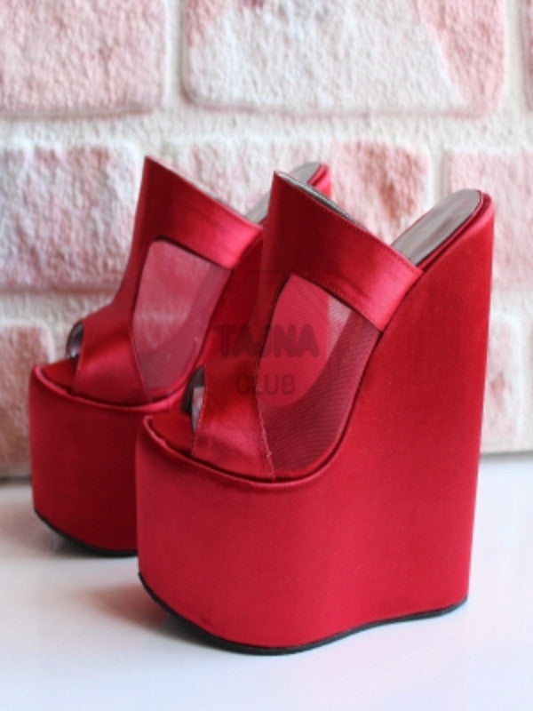 Red Satin Wedge Mules - Tajna Club