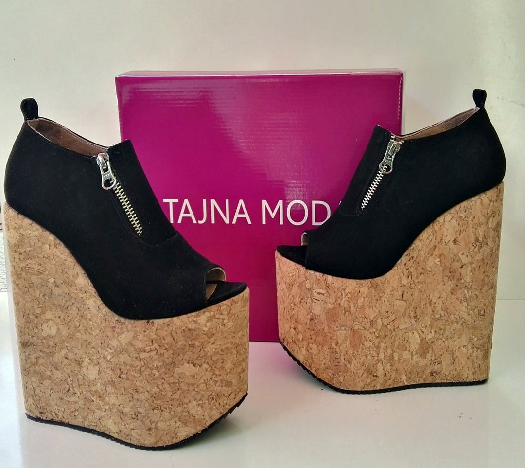 Zip-On Suede Peep Toe Wedges - Tajna Club