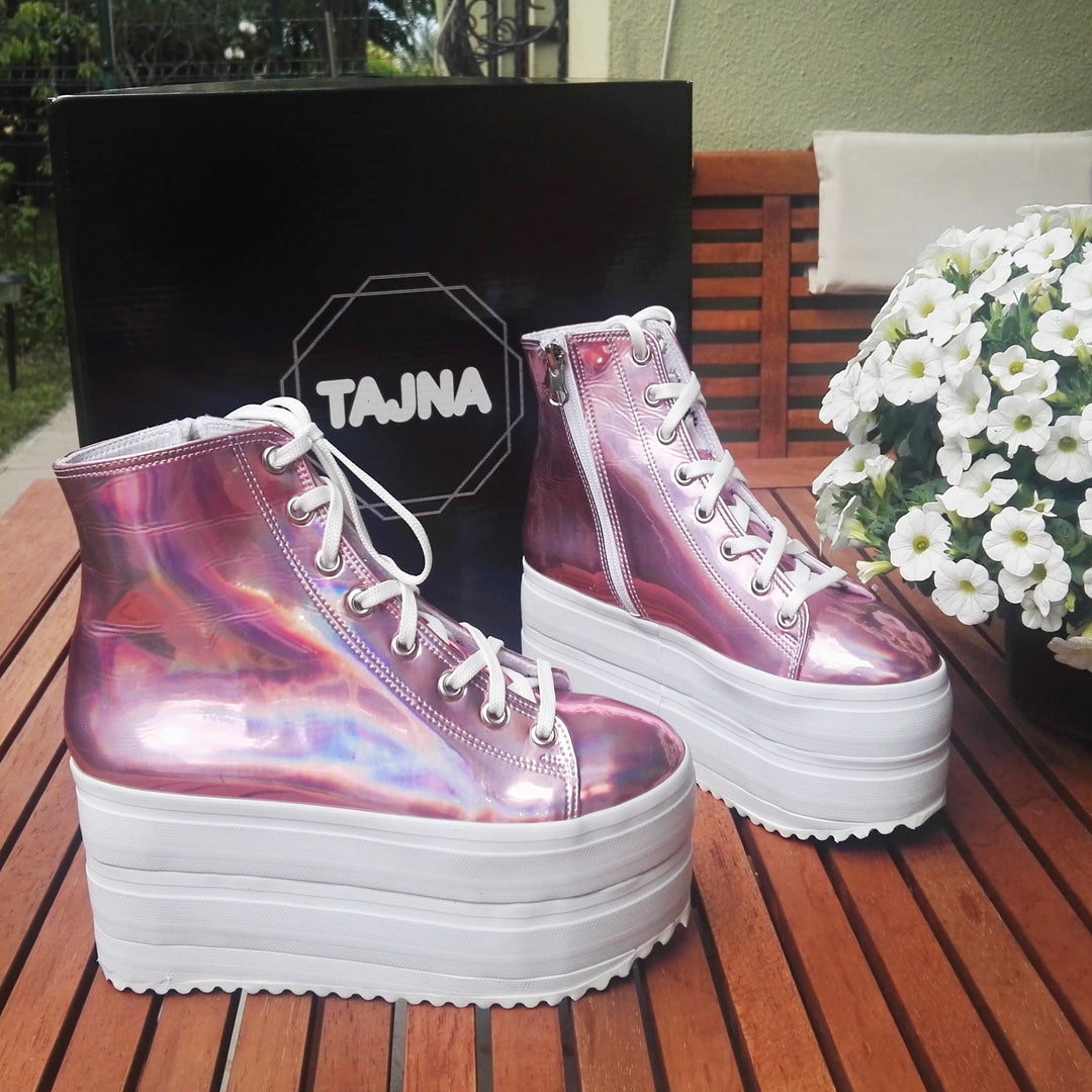 Pink Shiny Lace Up Sport Wedge Platform Shoes - Tajna Club