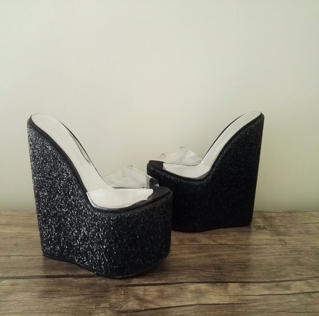 Black Glitter Platform High Heel Mules - Tajna Club