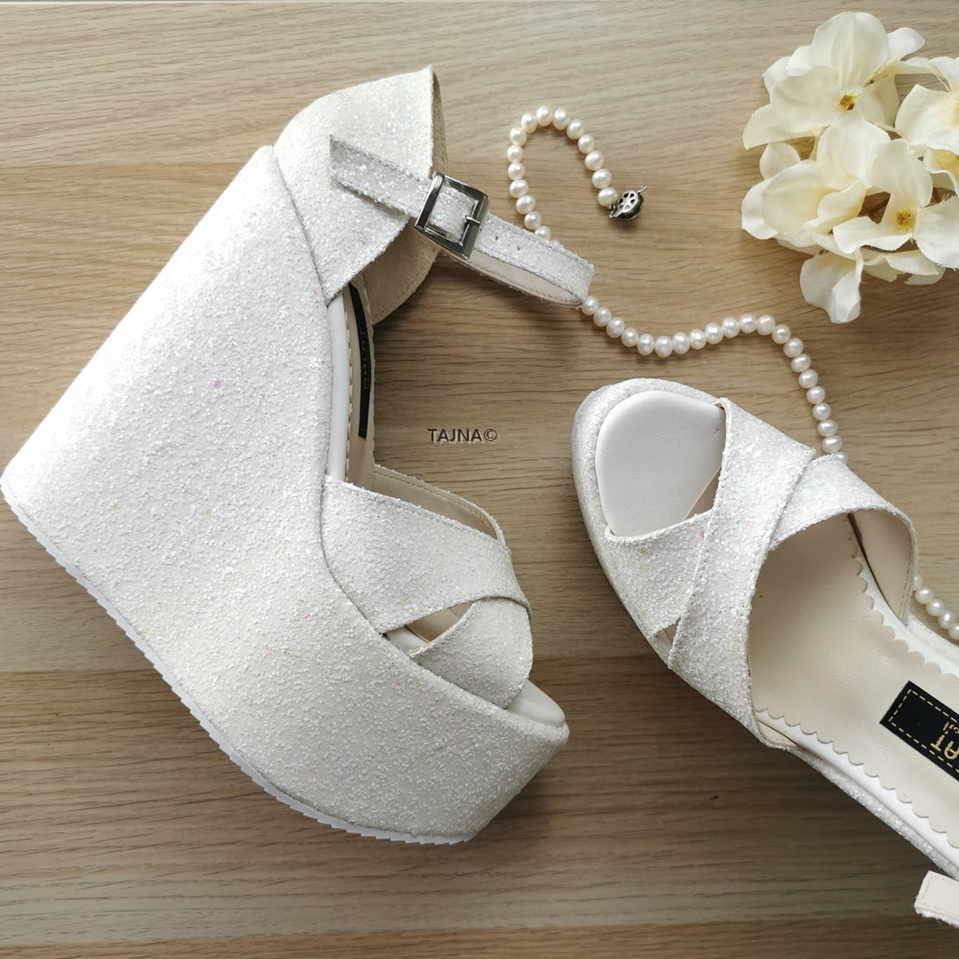 White Shiny Bridal Wedges - Tajna Club