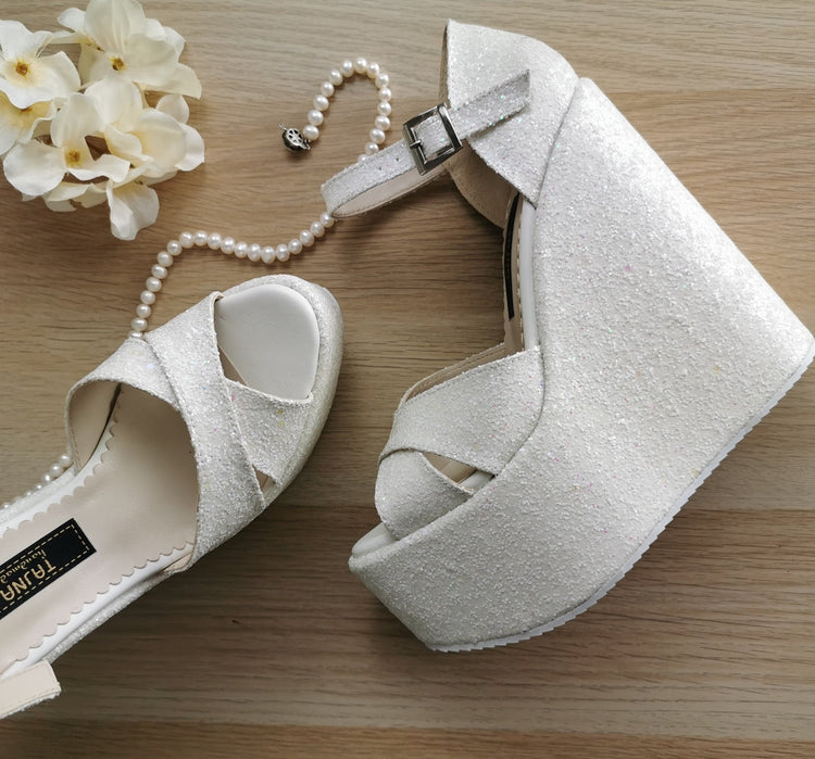 White Shiny Bridal Wedges - Tajna Club