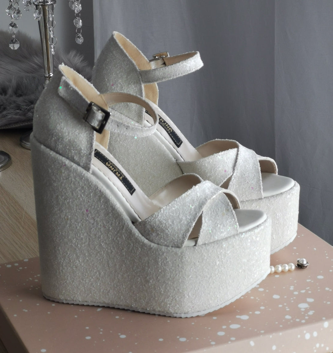 White Shiny Bridal Wedges - Tajna Club