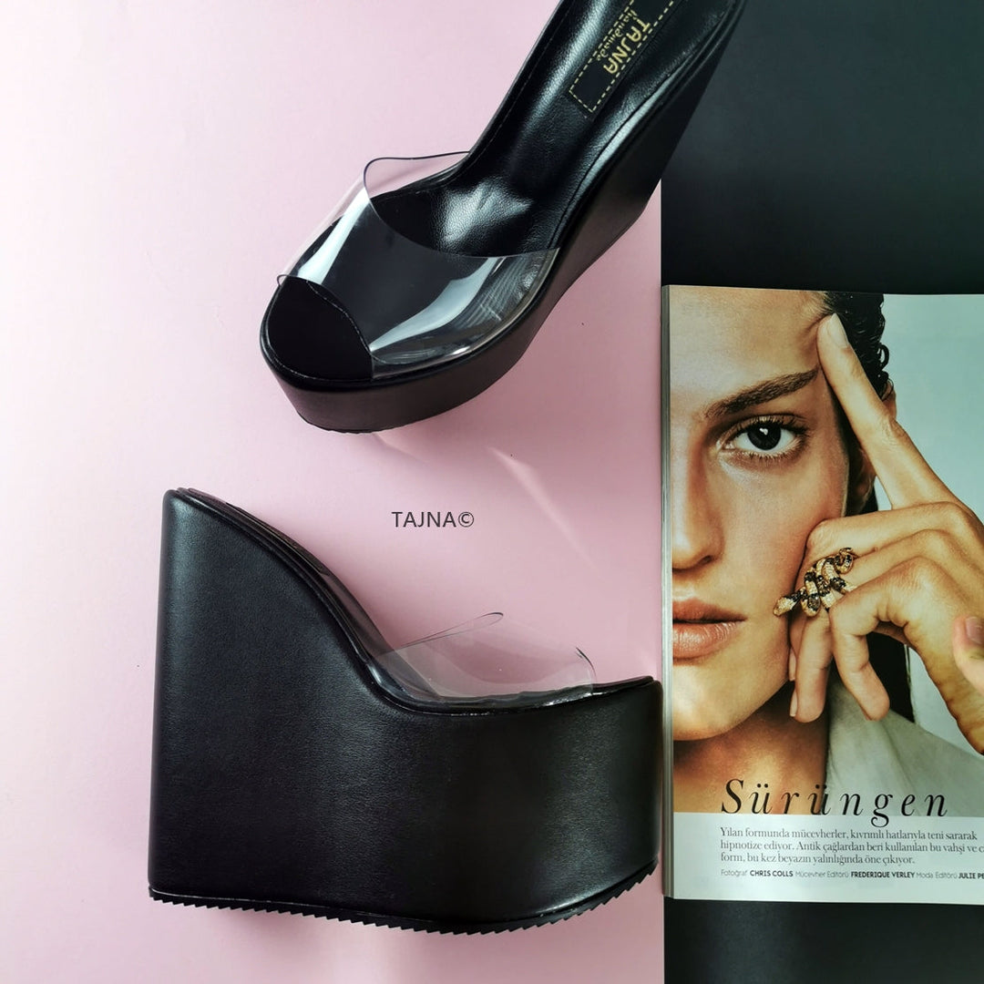 Transparent Black Wedge Mules - Tajna Club