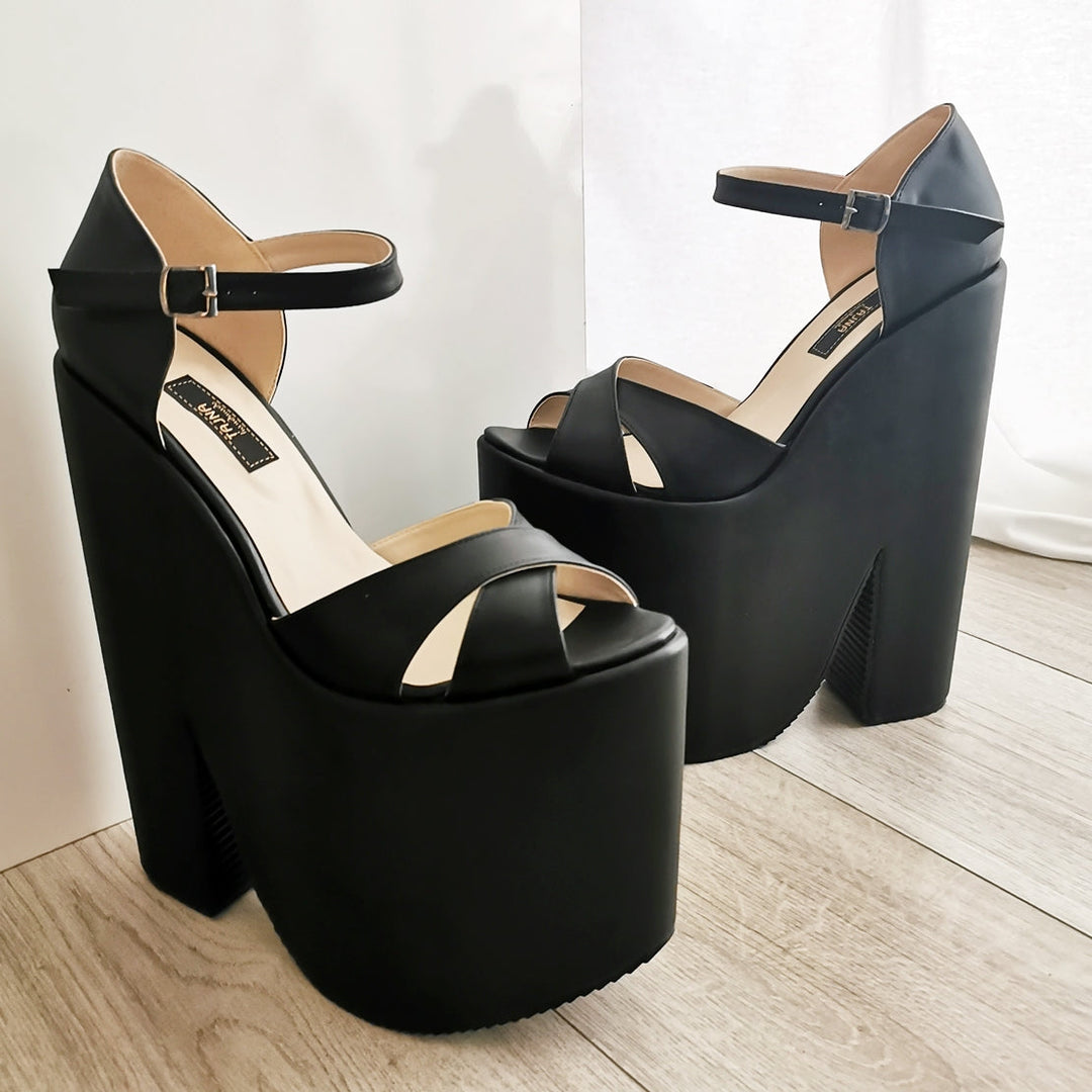 Black Extreme Heel Cross Strap Wedge Shoes - Tajna Club