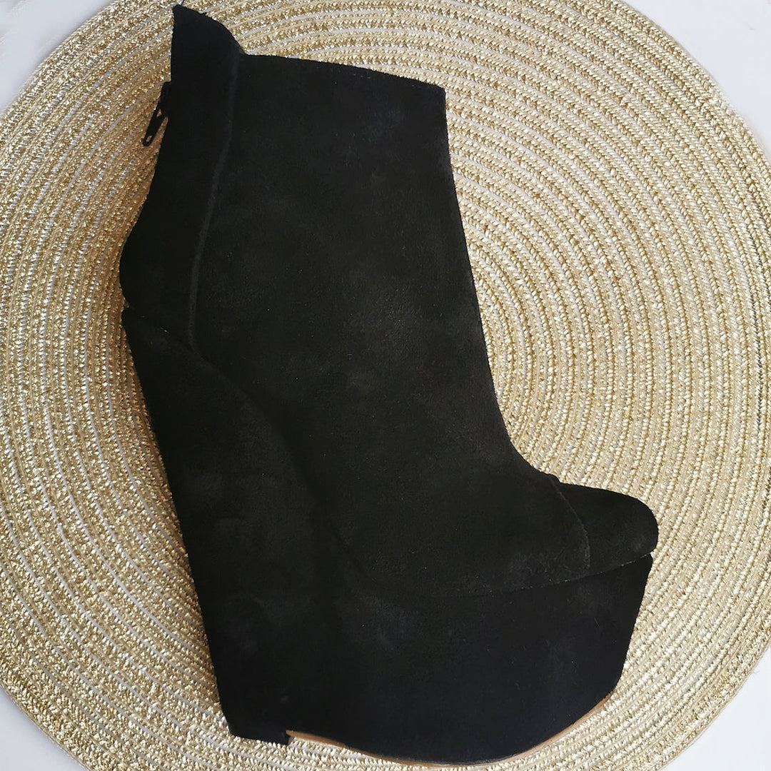 Black Suede Ankle Wedge Booties - Tajna Club