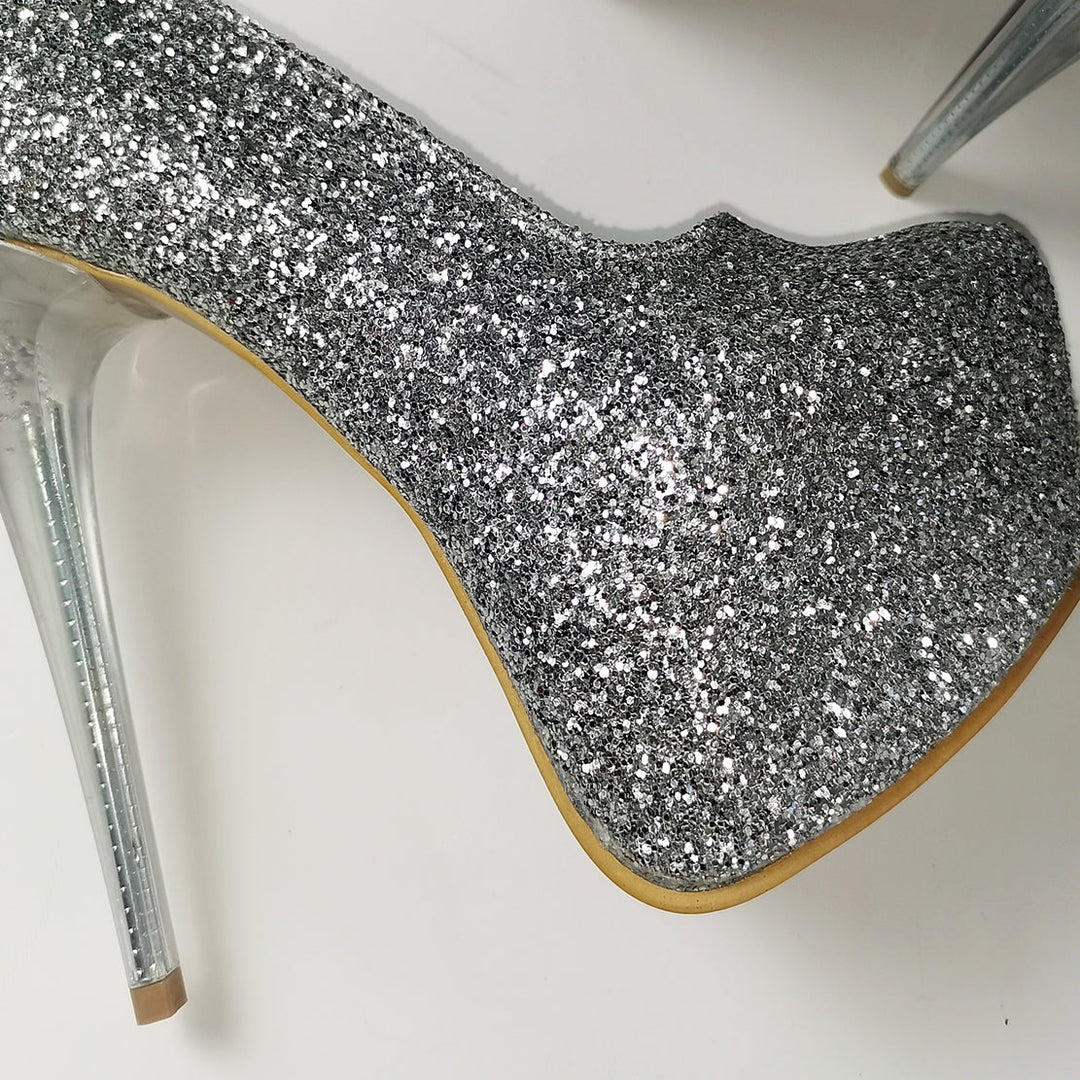 Silver Glitter Transparent Heel Pumps - Tajna Club