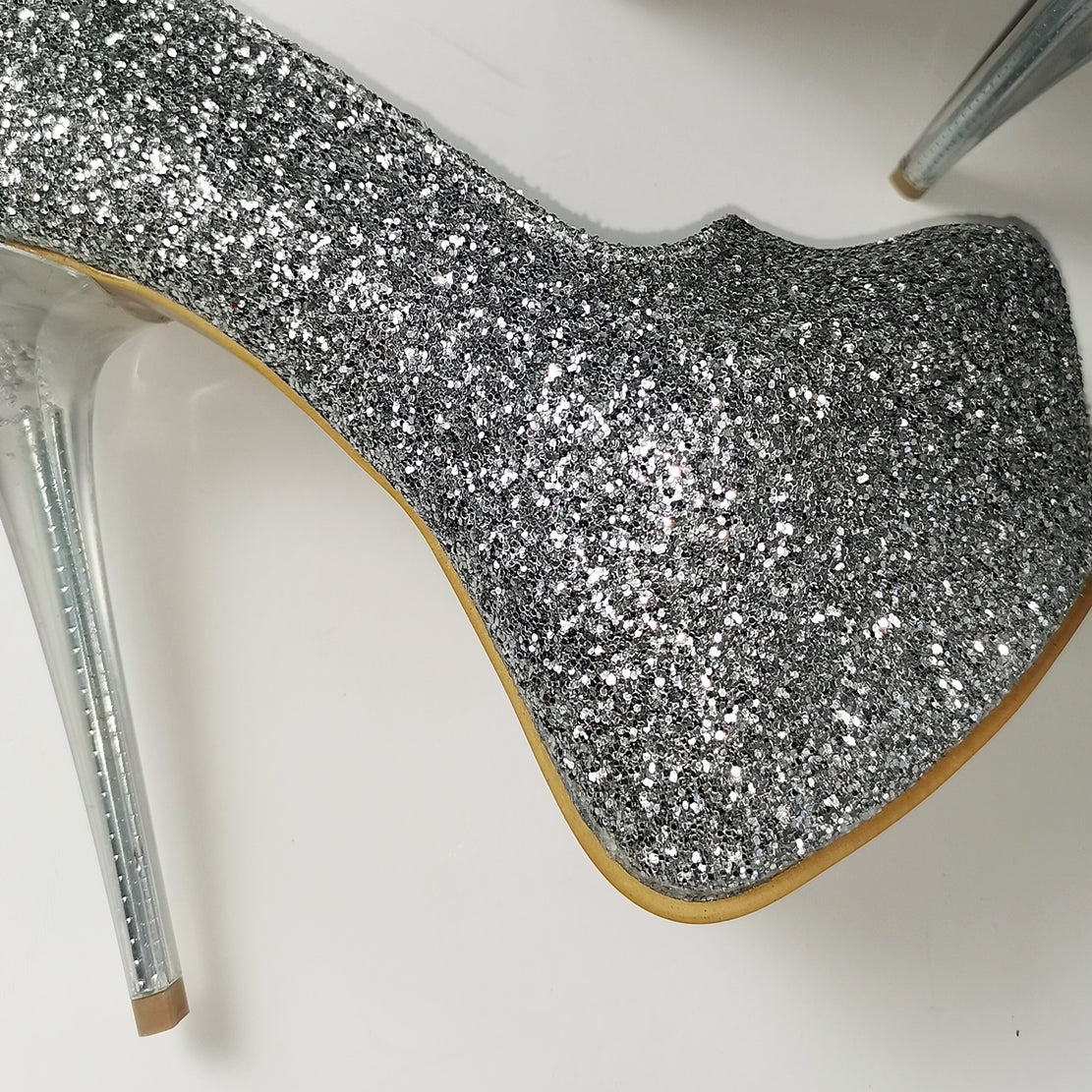 Silver Glitter Transparent Heel Pumps - Tajna Club