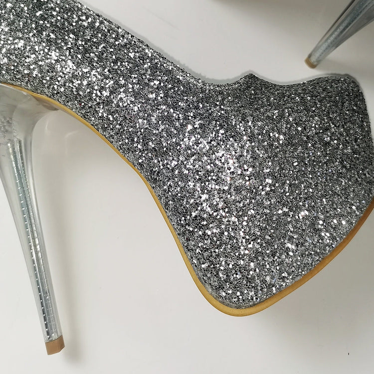 Silver Glitter Transparent Heel Pumps - Tajna Club