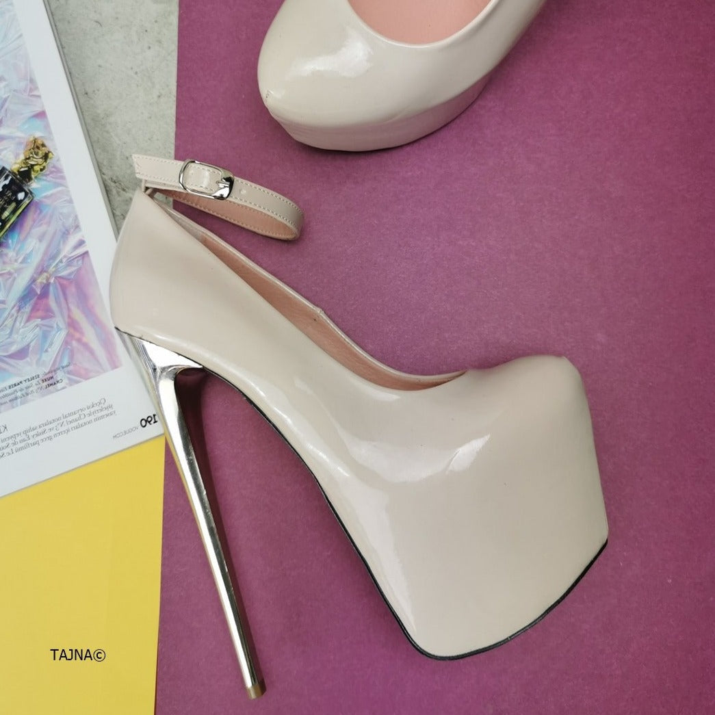 Beige Patent Metallic Heel Pumps - Tajna Club