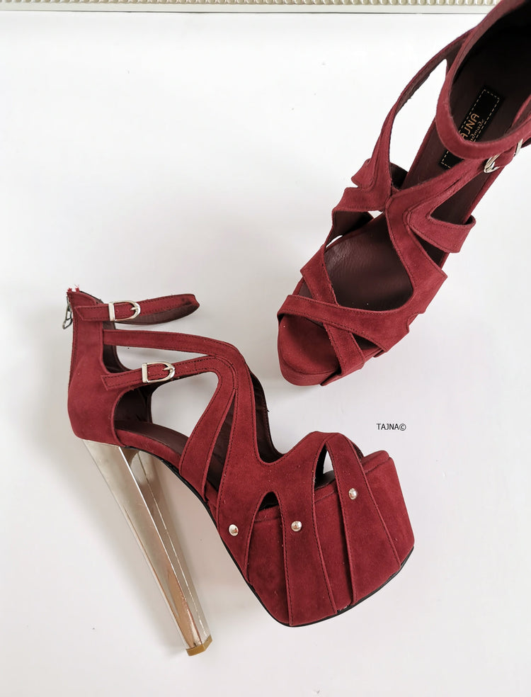 Burgundy Suede Cage Metallic Ankle Heels - Tajna Club