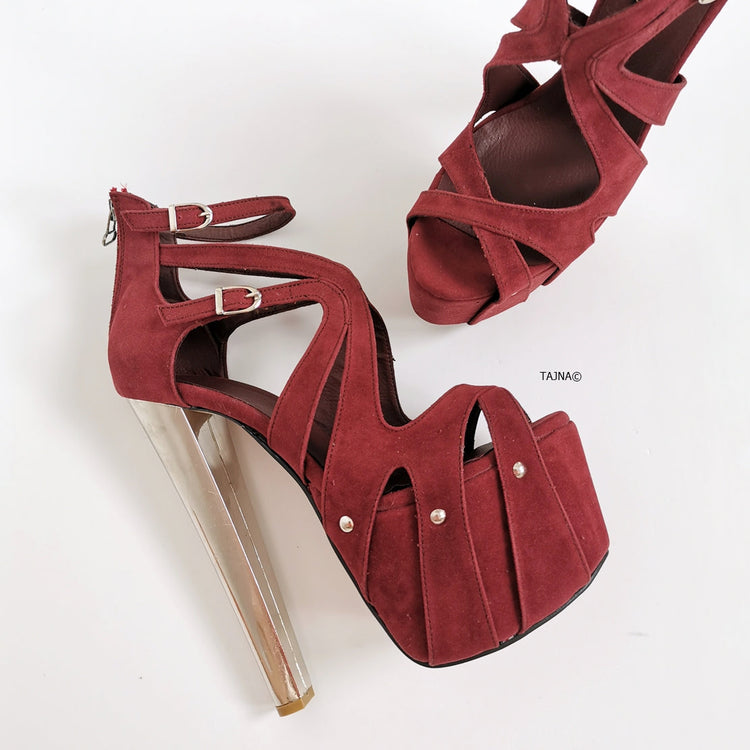 Burgundy Suede Cage Metallic Ankle Heels - Tajna Club