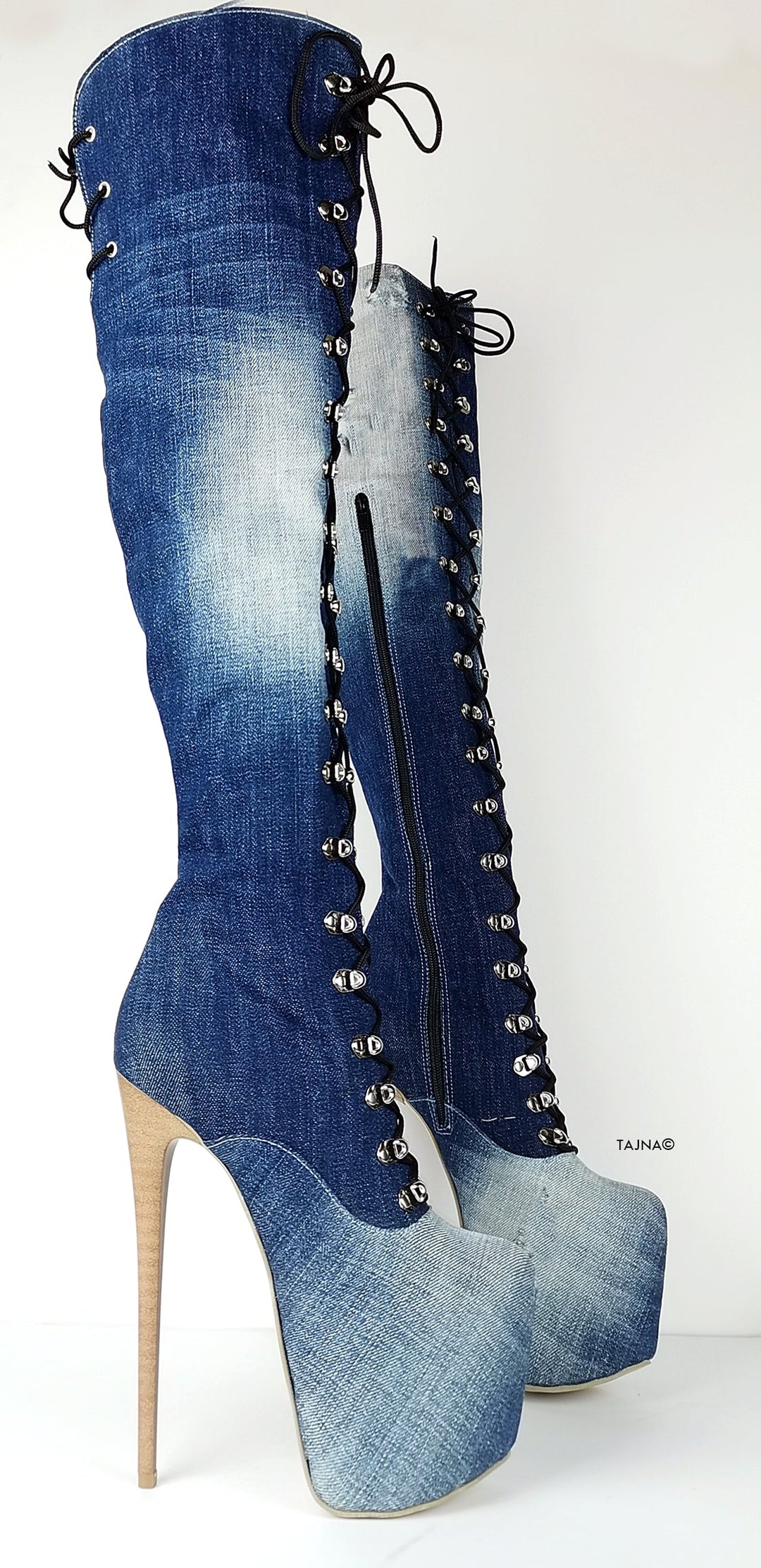 Military Style Denim Jean Over the Knee Boots - Tajna Club