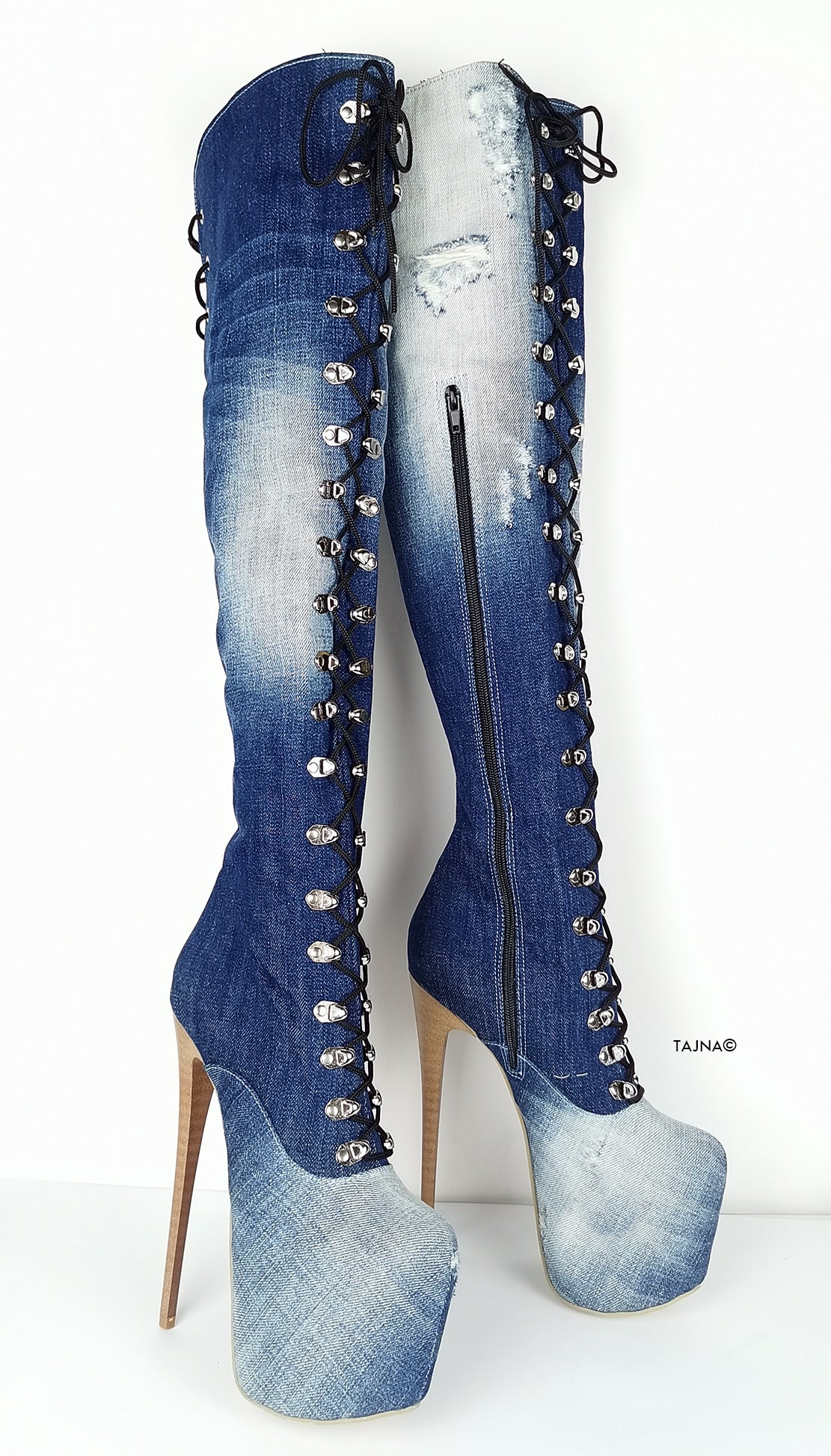 Military Style Denim Jean Over the Knee Boots - Tajna Club