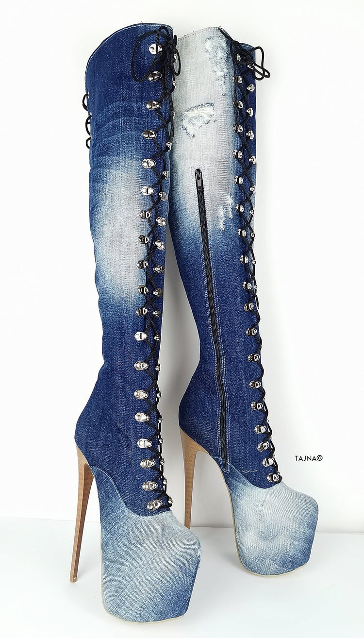 Military Style Denim Jean Over the Knee Boots - Tajna Club