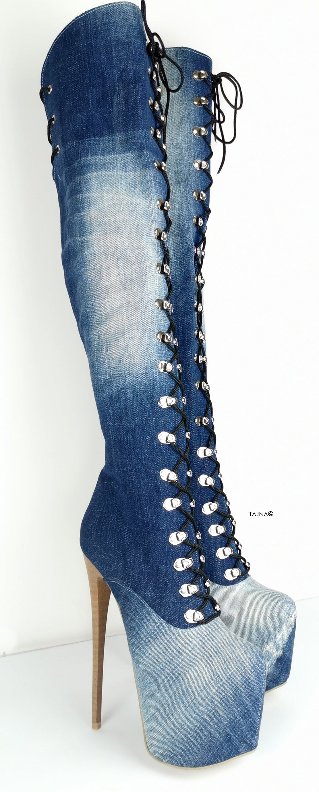 Military Style Denim Jean Over the Knee Boots - Tajna Club